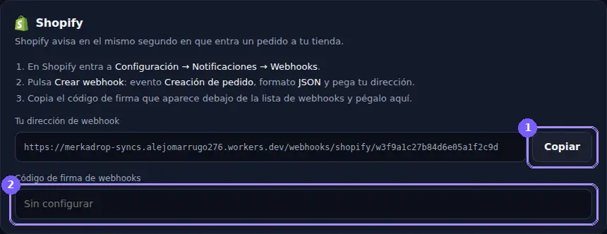 Tarjeta de Shopify en Configuración, con el botón Copiar y el campo del código de firma resaltados
